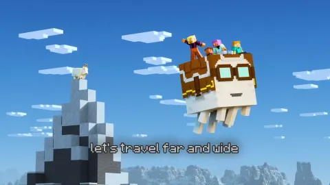 A happy ghast carrying players past a goat on a snowy peak, with the lyric "let's travel far and wide".