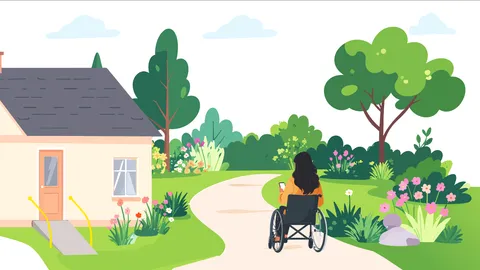 An illustrated person in a wheelchair on a garden path beside a house with a ramp.