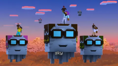 Three goggled ghasts with players riding on top, against a sunset sky with the lyric "sky".