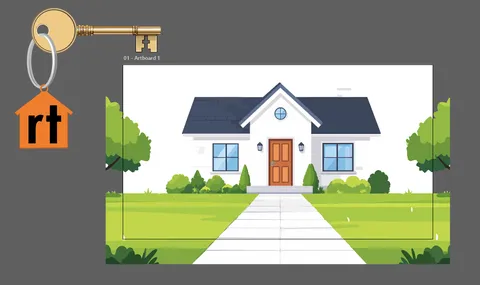 An illustrated house with a rt key ring, shown on an Illustrator artboard.