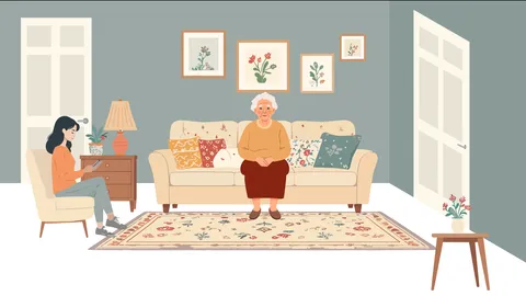 An illustrated living room with an older woman on a sofa and a younger woman on an armchair.