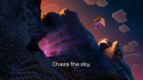 A happy ghast flying past a dark mountain at dusk, with the lyric "Chase the sky".