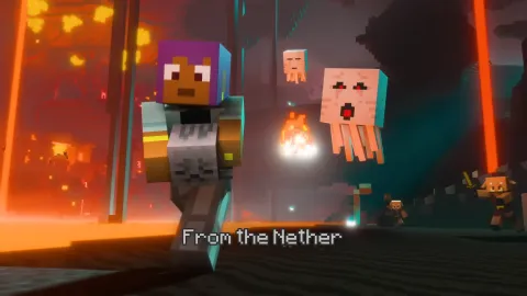 A player running through the Nether past ghasts, with the lyric "From the Nether".