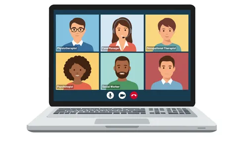 An illustrated video call between a physiotherapist, case manager, occupational therapist, psychologist and social worker.