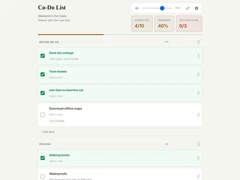 Co-Do List showing a checklist with sections, progress bars and deadlines