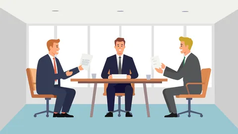 An illustrated meeting of three people in suits around a table.